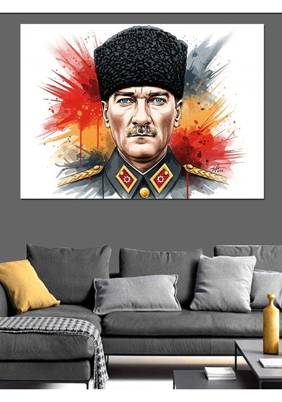 Kalpak Başlıklı Mustafa Kemal Atatürk Sulu Boya Portre Dekoratif Kanvas - Mdf Ahşap Tablo