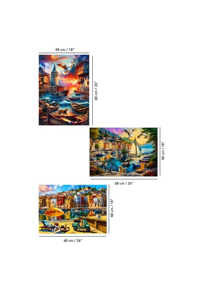 3 Adet 1000 Parça Puzzle - Limanda Sakinlik, Sahil Kasabası Ve Galata Kulesi Manzara Yapboz 68x48 Cm