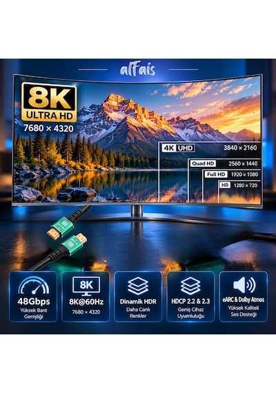 Alfais 6122 Hdmi 2.1 8k Ultra Hd Kablo 2 Metre 48gbps 4k 120hz Altın Uçlu Kablo Led Tv