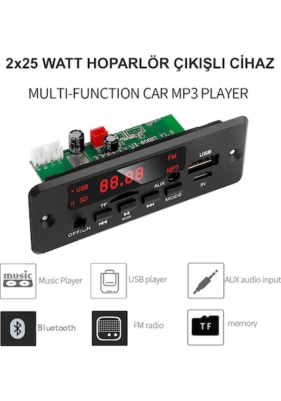 2 X 25 Watt Hoparlör Çıkışlı  Fm Dekoder ( Bluetooth  , Fm Radyo , Usb , Tf Kart , Mp3 Player )