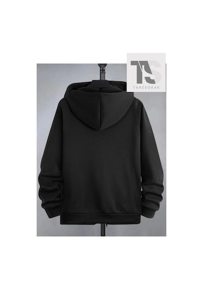 Tarzsokak Kapüşonlu Unisex Siyah El Baskılı Fermuarlı