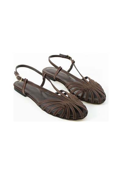 Duxal Shoes Alba Kafesli İnce Bantlı Düz Tabanlı Günlük Kadın Sandalet Acıkahve