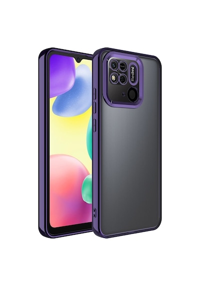 Fibaks Redmi 10c/poco C40 Uyumlu Kılıf Kamera Lens Korumalı Şeffaf Renkli Logo Gösteren Parlak Kapak Mor