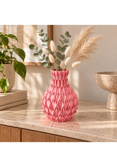 Yaprak Kabartmalı Dekoratif Vazo 20 Cm Kuru Çiçek Ve Pampas Vazosu Pembe