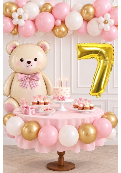 7 Yaş Retro Papyonlu Folyo Krem Ayıcık Pembe Gold Beyaz Balon Gold Rakam Doğum Günü Kutlaması Altın - Krem