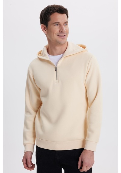 Tudors Unisex Relax Fit Rahat Kesim Pamuklu İçi Polarlı Yarım Fermuarlı Taş Kapüşonlu Sweatshirt-37028
