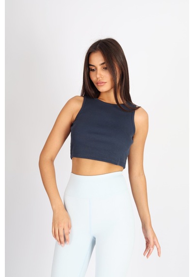 Soft&Basic Kadın Lacivert Basic Halter Yaka Esnek Biyeli Kaşkorse Kumaş Crop Top Body Atlet Lacivert