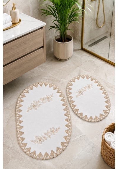 Altın 2li Fransız Dantelli Lüks Banyo Paspası Kaymaz Çeyizlik Oval Banyo Paspas Seti Lauris