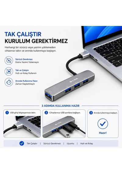 S-link Sw-u333 Usb Hub 4 Port Metal Usb Çoklayıcı, 1x Usb 3.0 + 3x Usb 2.0, 5gbps Hızlı Veri Aktarımı, Slim Alüminyum Tasarım, Tak Çalıştır Usb Çoğaltıcı Hub, Laptop Pc Uyumlu