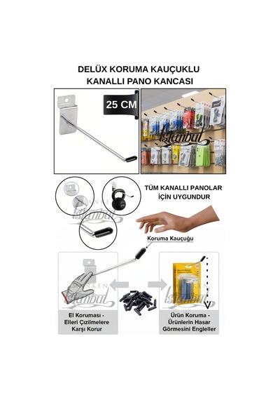 Kanallı Pano Kancası Koruma Kauçuklu 25 Cm Deluxe Raf Askısı Ekstra Güçlü 75 Adet Krom