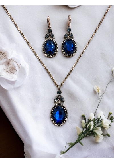 Kristal Taşlı Oval Kesim Kolye Ve Küpe Seti Mavi
