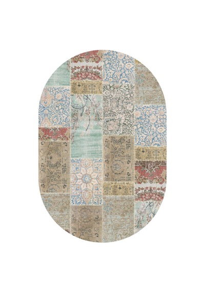 Patchwork Desenli Dokuma Pamuk Taban Dekoratif Dijital Oval Halı Yeşil