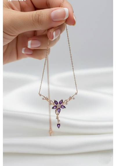 Çekirdekjewelry 925 Ayar Gümüş Mortaşli Taşlı Sarmaşık Kolye Rose
