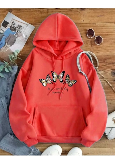 Kozia Outdoors Beautıful 3 Kelebek Baskılı Kapşonlu Sweatshirt Kırmızı