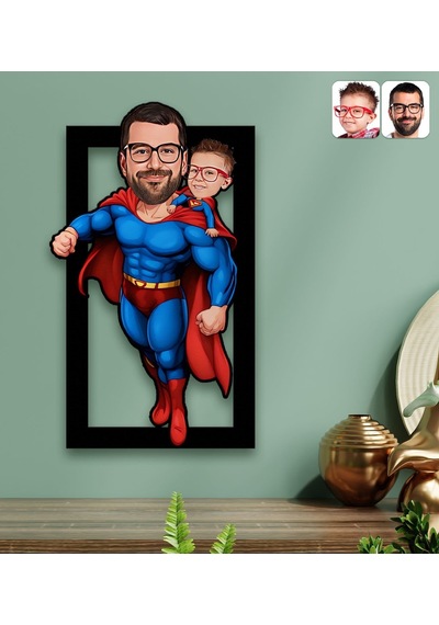 Bk Gift Kişiye Özel Süper Baba-çocuk Karikatürlü 3d Ahşap Tablo-4, Babalar Günü Hediyesi, Babaya Hediye Kobitmeyencom31596 Bk
