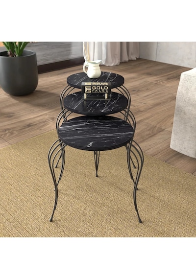 Reyo Falez Lükens Bendir Metal Ayaklı Mermer Desenli Zigon Sehpa Seti Modern Salon Ve Oturma Odası Sehpası Siyah Mermer