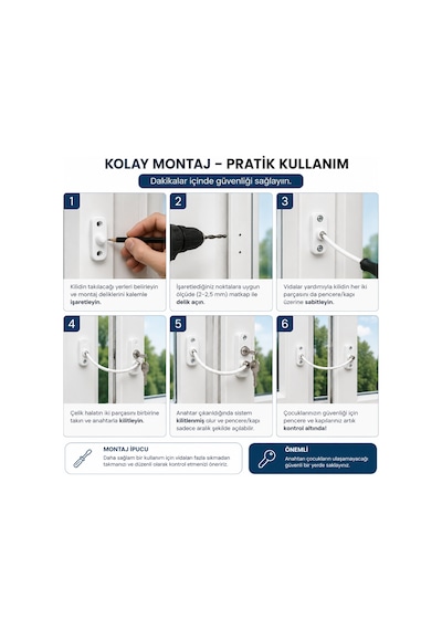 Titan Çelik Halatlı Pvc Kapı Pencere Emniyet Çocuk Güvenlik Kilidi Anahtarlı 1 Adet