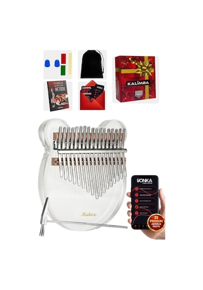 Midex Klx-6000 Şeffaf Cam Kalimba Paslanmaz Çelik 17 Tuşlu Çekiç Çanta Metod Full Set