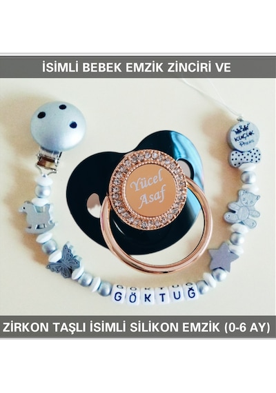 Sahi Aksesuar İsimli Emzik Zinciri Ve İsimli Silikon Emzik 0-6 Ay Bezyı539 Mavi