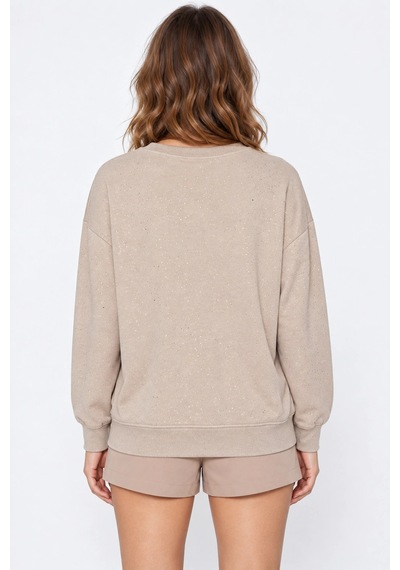 Mevese Yaldız Baskılı Zincirli Ve Fularlı Kadın Oversize Modal Sweatshirt - Bej