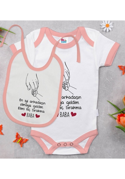 Bk Kids Baba Tasarımlı Pembe Bebek Body Zıbın Ve Mama Önlüğü Hedi Çok Renkli