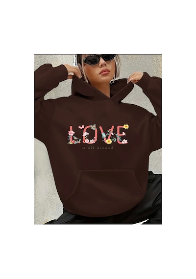 Herkesemoda Love Yazı Detay Baskılı İçi Polarlı Kapüşonlu Sweatshirt Kahverengi