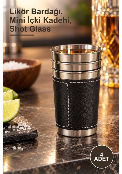 4 Adet Derili Kılıflı Shot Bardak Likör Bardağı, Mini İçki Kadehi, Shot Glass