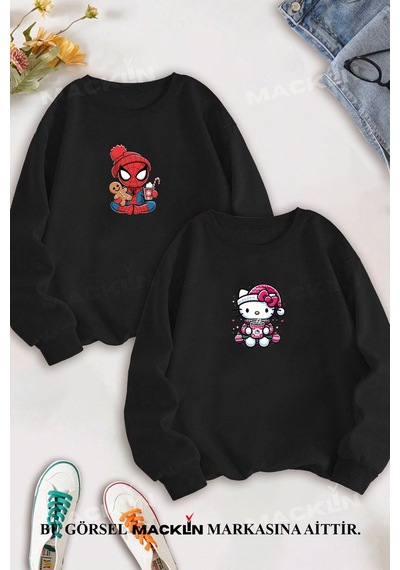 Macklin Sevgili Çift Kombin Spiderman Hello Kitty Yılbaşı Özel Baskılı Bisiklet Yaka Sweatshirt 2li Takım Siyah Mck1568 Siyah