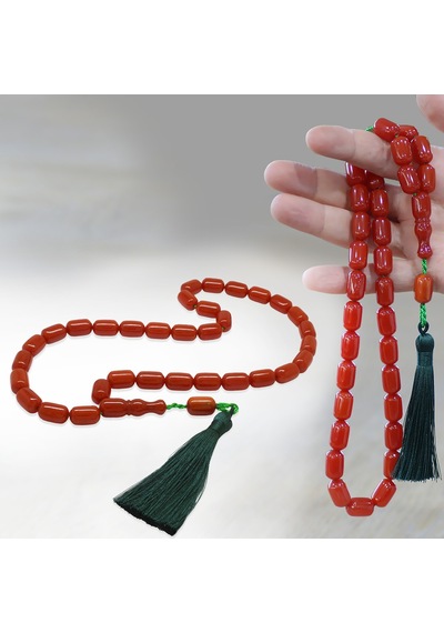 Tesbihname Çubuk Sıkma Kehribar Tesbih - Osmanlı Saray Püsküllü - Maxi Boy - Kırmızı - Kapsül Kesim