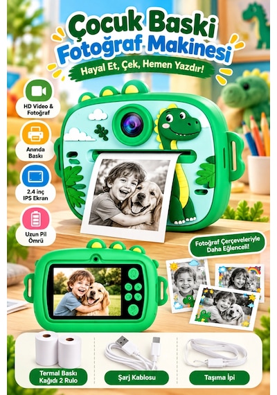 Blackbird Game Center Seyu SY-AM300 Şipşak Termal Yazıcılı Çocuk Dijital Fotoğraf Makinesi Yeşil