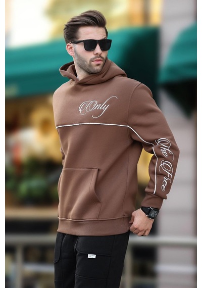 Madmext Kahverengi Kapüşonlu Şerit Detaylı Baskılı Erkek Sweatshirt 7091 Kahverengi