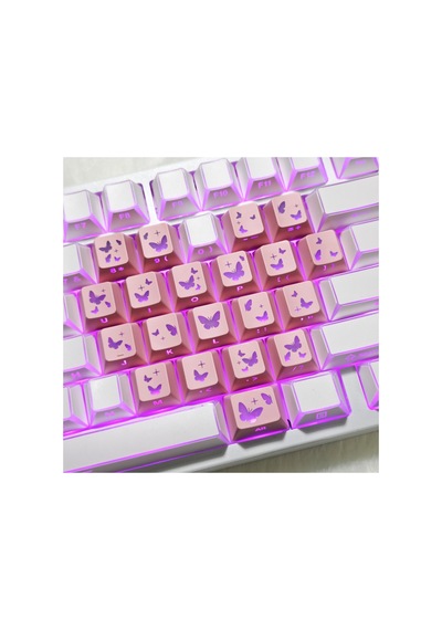 Leaven Kelebek Desenli Kare Tasarım Keycap Tuş Takımı Pbt - Rgb Uyumlu Işık Geçirgen - Pembe