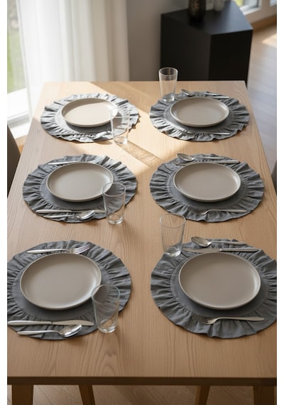 Yunusoğlu Home Pamuklu Fırfırlı Supla 6'lı Set Amerikan Servis 33 Cm Çap Supla 6'lı Füme