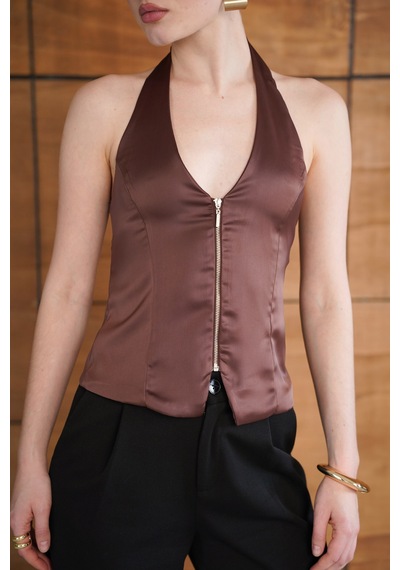 Verymoda Fermuarlı Saten Yelek Vmd2952 Kahve