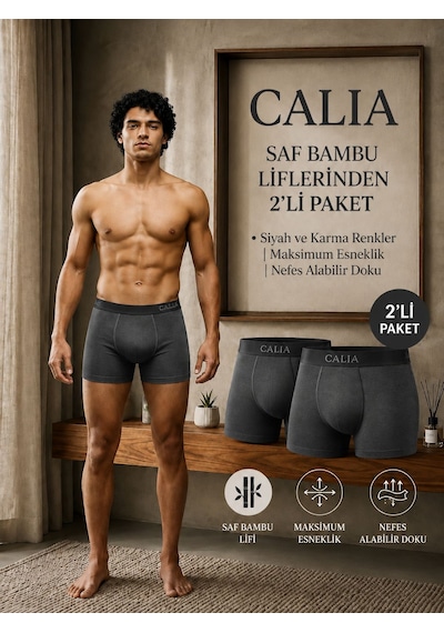 Qulat Calıa Erkek Bambu Boxer 2 Li Paket Gri Renk Nefes Alan Esnek Yumuşak Dokulu Boxer Antrasit