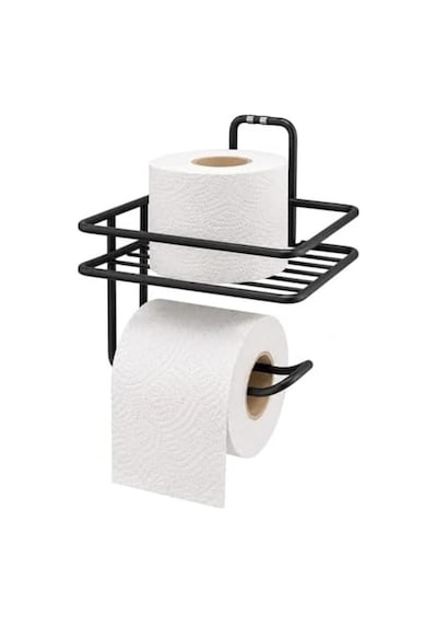 Yapışkanlı Siyah Raflı Tuvalet Kağıtlığı, Delmeden Montaj Duvar Tipi Tuvalet Kağıdı Tutucu, Banyo Ve Wc Organizer 16.5 x 12.2 x 11.2 CM
