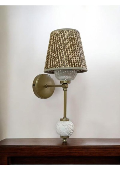 Didim Metal Aplik Eskitme Statik Boyalı Rattan Kahverengş Şapkalı Krem Rengi Çini Top- Cam Arkalı Krem