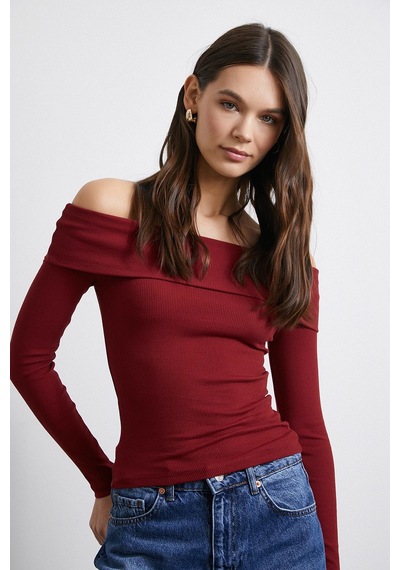 Never More Omzu Açık Kaşkorse Bluz Bordo Bordo Never More Omzu Açık Kaşkorse Bluz Bordo Bordo