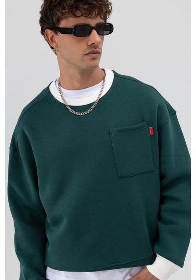 Vamos Bisiklet Yaka Cep Detaylı Oversize Sweatshirt Nefti