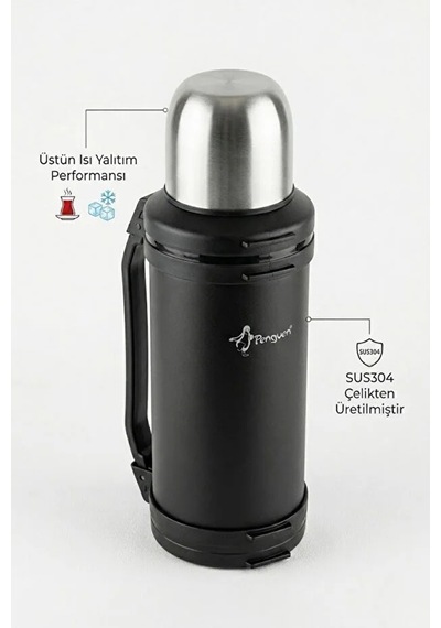 Penguen 1.5 Litre Avcı Termos Vakumlu Çelik Termos Kamp Piknik Çay Kahve Termosu Sus304 Bpa Free Siyah