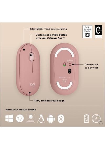 Pebble 2 M350s Kablosuz Bluetooth Sessiz Optik Mouse Pembe 910-007014 Diğer
