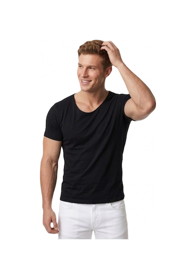 Deepsea Erkek Siyah Geniş Yaka Likralı Tişört Oval Yaka Slim Fit Eteği Oval Açık Yaka T-shirt 1801199 Siyah