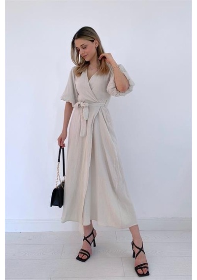 Elbee Fashion Woman Kuşaklı Müslin Elbise - Bej-7108