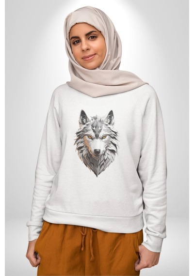 Beyaz Kurt Kafası Unisex Beyaz Baskılı Sweatshirt Beyaz