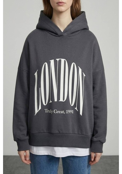 Quzu 01407 Kadın Baskı Detaylı Kapüşonlu Sweatshirt Antrasit