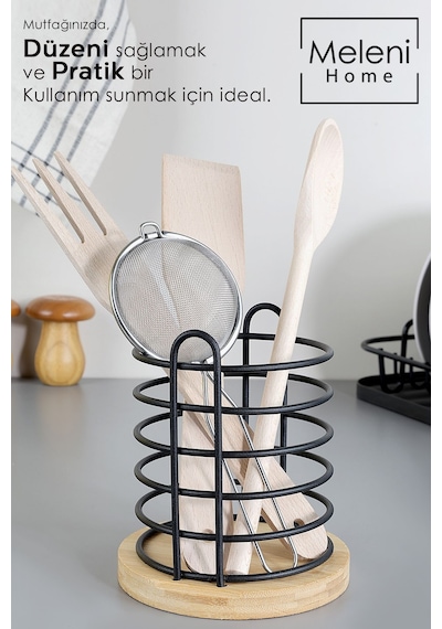 Bambu Tabanlı Metal Kaşıklık - Tezgah Üstü Dik Kaşıklık Mutfak Düzenleyici Dekoratif Organizer Bej