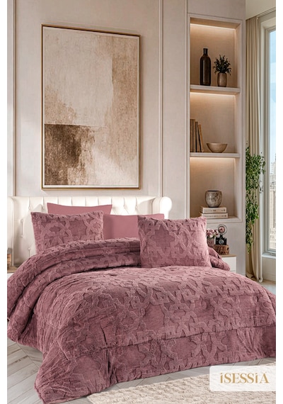 Lina Çift Kişilik Jakarlı Wellsoft Uyku Seti Çift Taraflı 230x250 Cm Çantalı Mürdüm
