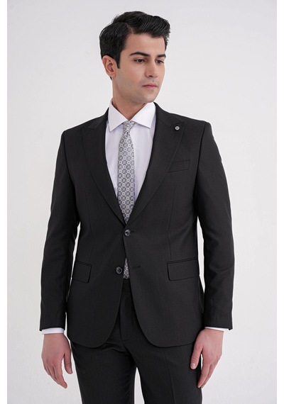 Efor Slim Fit Çift Yırtmaç Sivri Yaka Esnek Siyah Klasik Takım Elbise Tk 939 Siyah