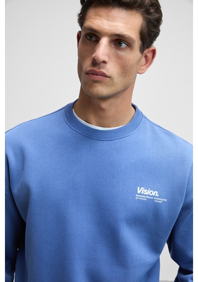 Grimelange Ernest Erkek Organik Pamuklu Yumuşacık Baskı Detaylı Bisiklet Yaka İçi Polarlı Açık Mavi Sweatshirt