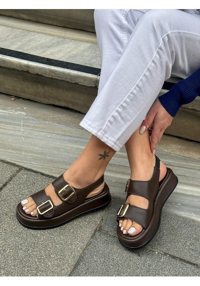 Erva'nın Butiği Kahve Cilt Jenny Gold Toka Detay Kadın Sandalet-5746